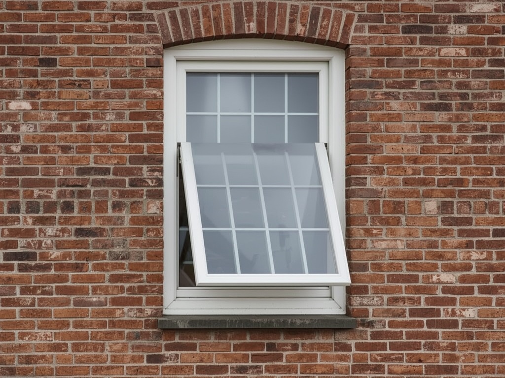 Detail draai-kiep kunststof kozijn wit op bakstenen gevel jaren 60 in Lochem
