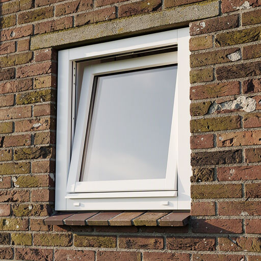 Detail draai-kiep kunststof kozijn wit op bakstenen gevel jaren 60 woning Epe