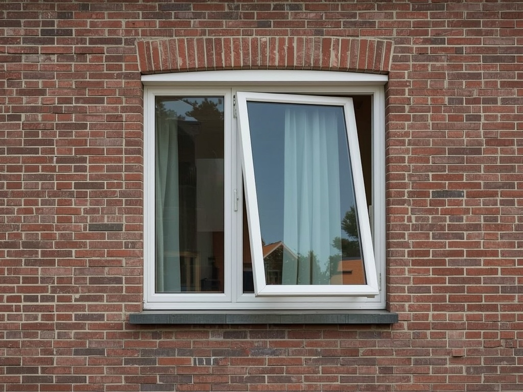 Detail draai-kiep kunststof kozijn wit op bakstenen gevel jaren 60 Twello