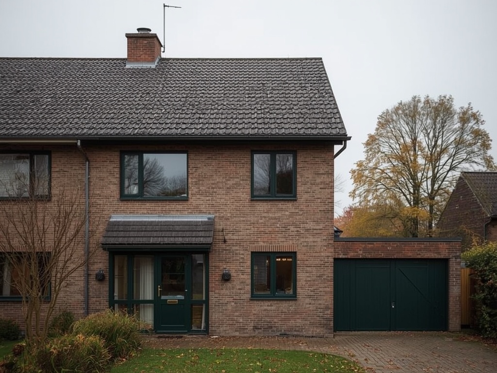 Twee-onder-een-kap huis Deventer Borgele met donkergroene kunststof kozijnprofielen en rode baksteen