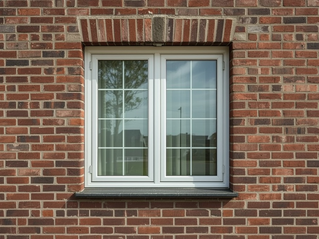Detail van een wit draai-kiep kunststof kozijn op een bakstenen muur, jaren 70 woning in Vaassen