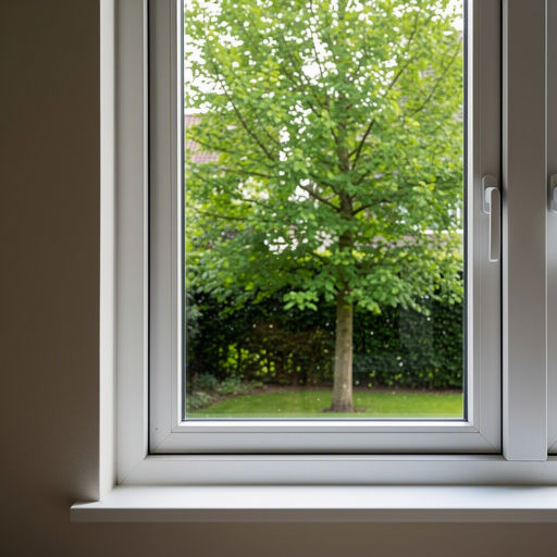 Interieur woonhuis Voorst met uitzicht door kunststof ramen op groene tuin