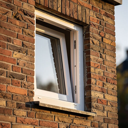 Detail draai-kiep kunststof kozijn wit op bakstenen gevel jaren 30 Zutphen