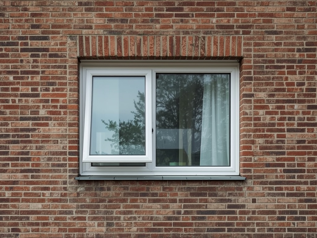 Detail van een draai-kiep kunststof kozijn wit op een bakstenen gevel jaren 60 Apeldoorn