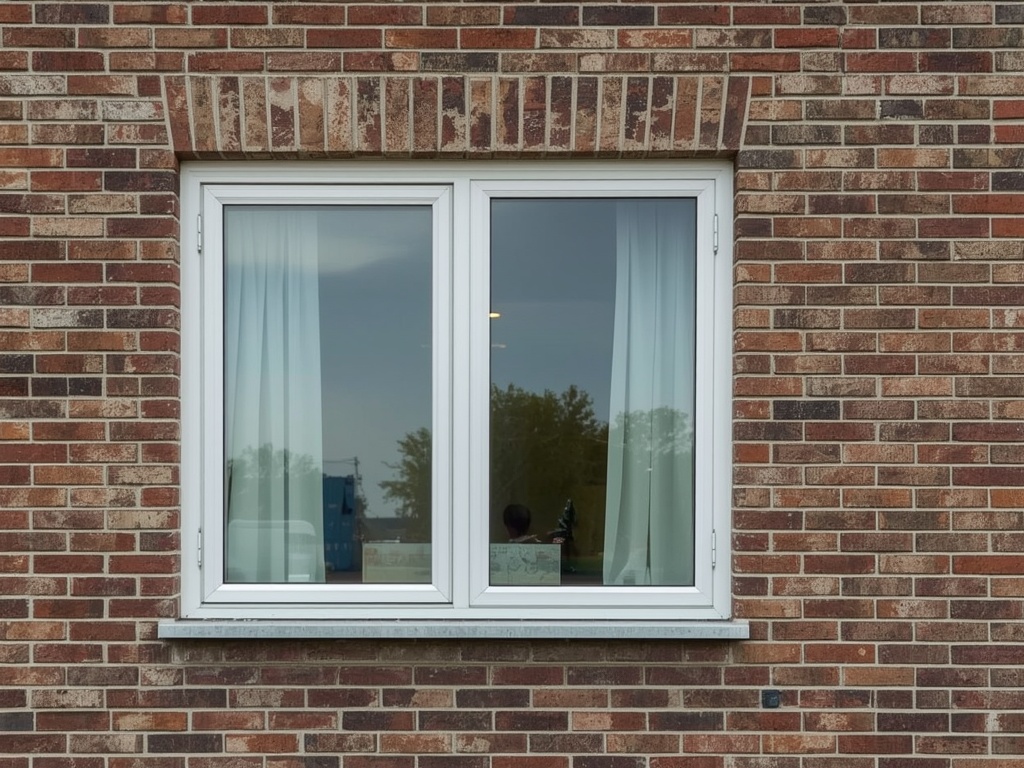 Detail draai-kiep kunststof kozijn wit op bakstenen gevel jaren 30 Lochem